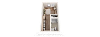A 3D floor plan of a small apartment with a kitchen, living room, and bathroom.