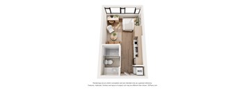 A 3D floor plan of a small apartment with a kitchen, living room, and bathroom.