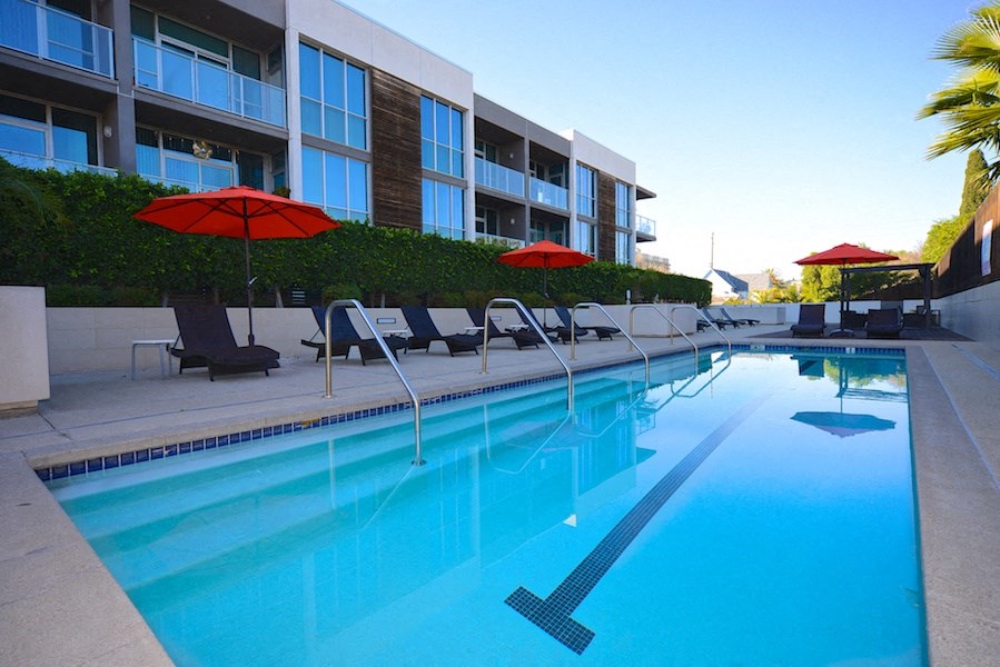 Sparkling clean and inviting swimming pool at 12th Street Lofts in National City, California.