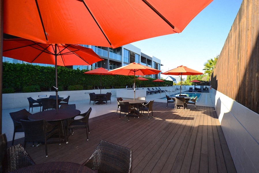Swimming pool and sun deck at 12th Street Lofts in National City, California.