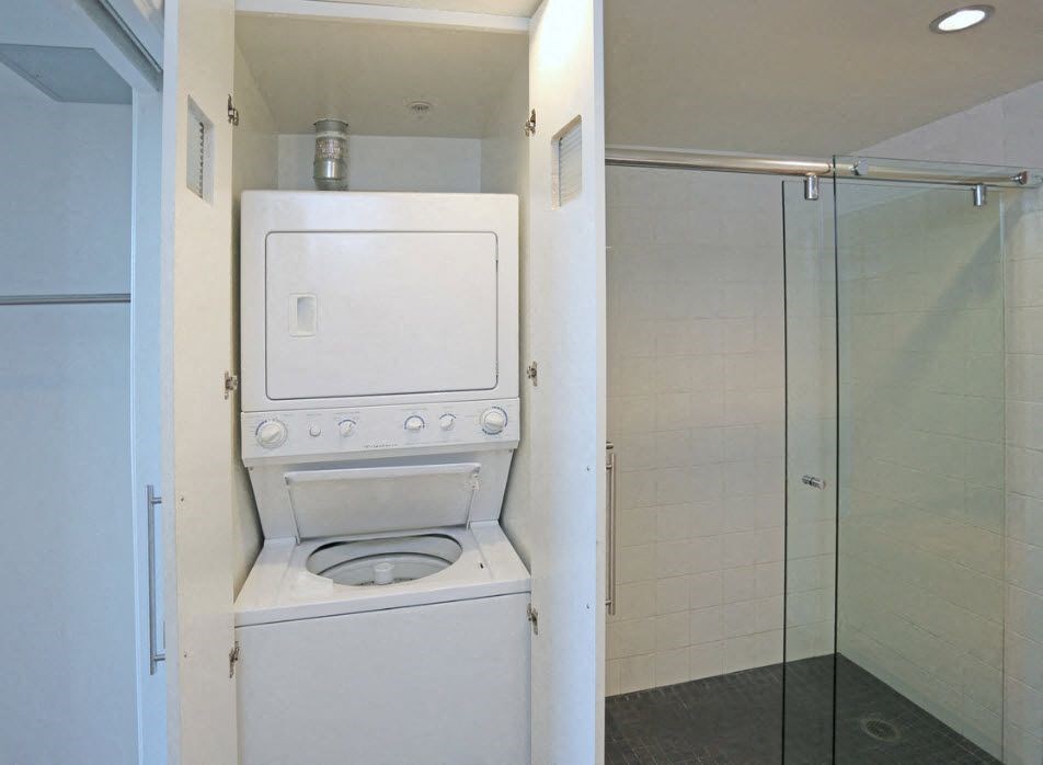 12th Street Lofts Washer and Dryer in bathroom at 12th Street Lofts in National City, California.