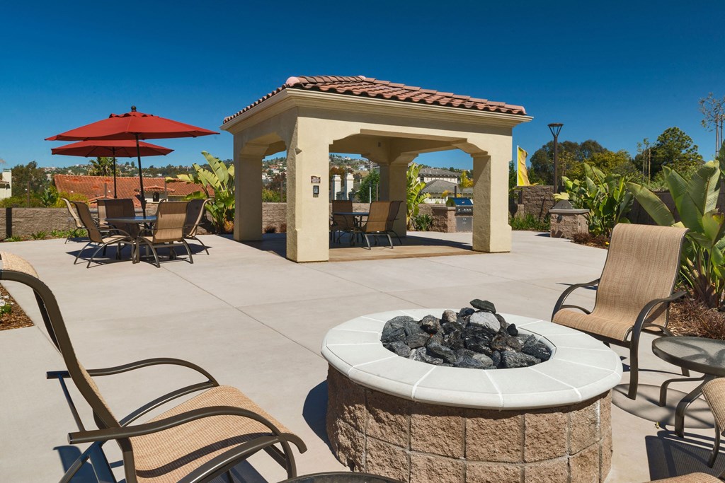 Gas fire pit at Costa Pointe Luxury Townhomes in the La Costa area of Carlsbad, California.