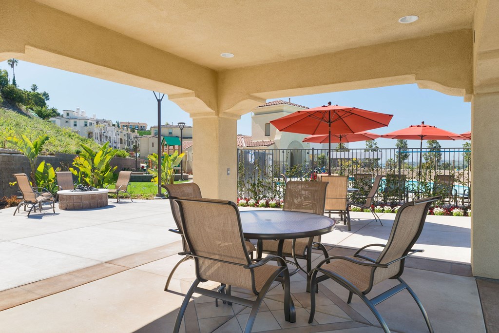 Sitting area under gazebo at Costa Pointe Townhomes in the La Costa area of Carlsbad, California.