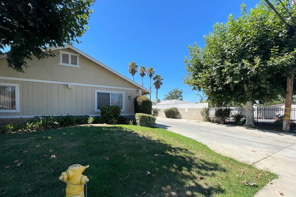 Driveway street entrance to Eucalyptus Apartments in Moreno Valley, California.