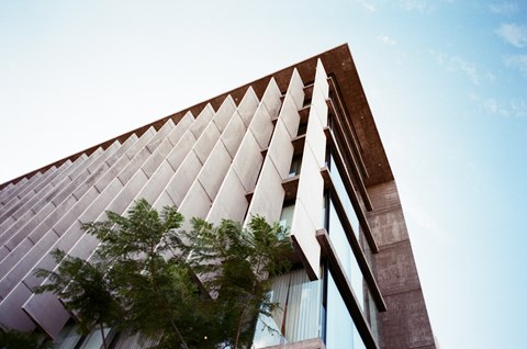 A building with a unique design and a tree in front of it.