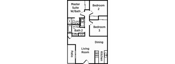 a floor plan of a house with two bedrooms and two bathrooms and a living room with a