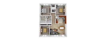 A top-down view of a small apartment with a kitchen, living room, and two bedrooms.