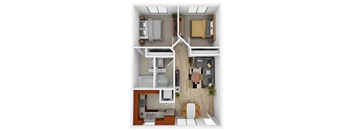 A 3D floor plan of a small apartment with a kitchen, living room, and two bedrooms.