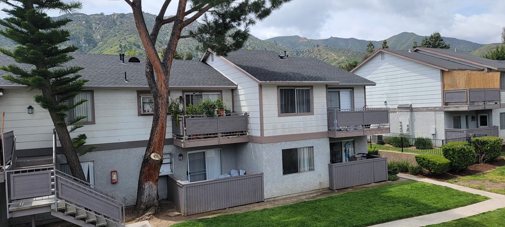 View from apartment porch of mountains at Grand Oaks Apartments in Lake Elsinore, California.