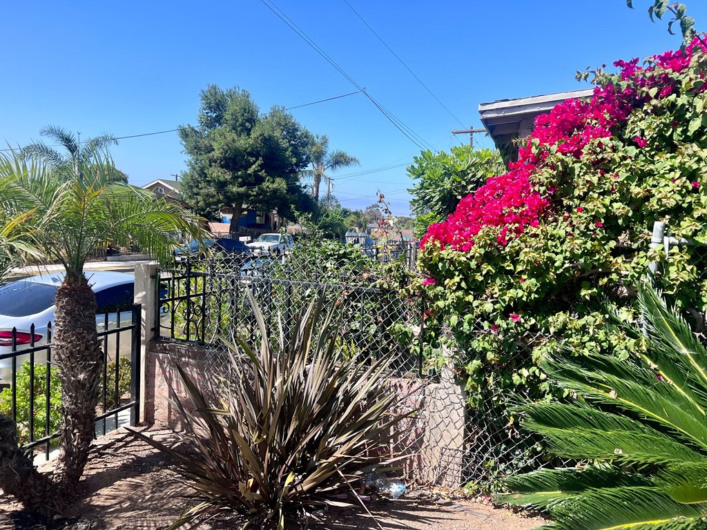 Closeup of front landscaping at Higgins Street Apartments in Oceanside, California.