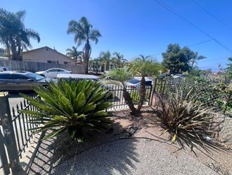 Gated front yard garden at Higgins Street Apartments in Oceanside, California.