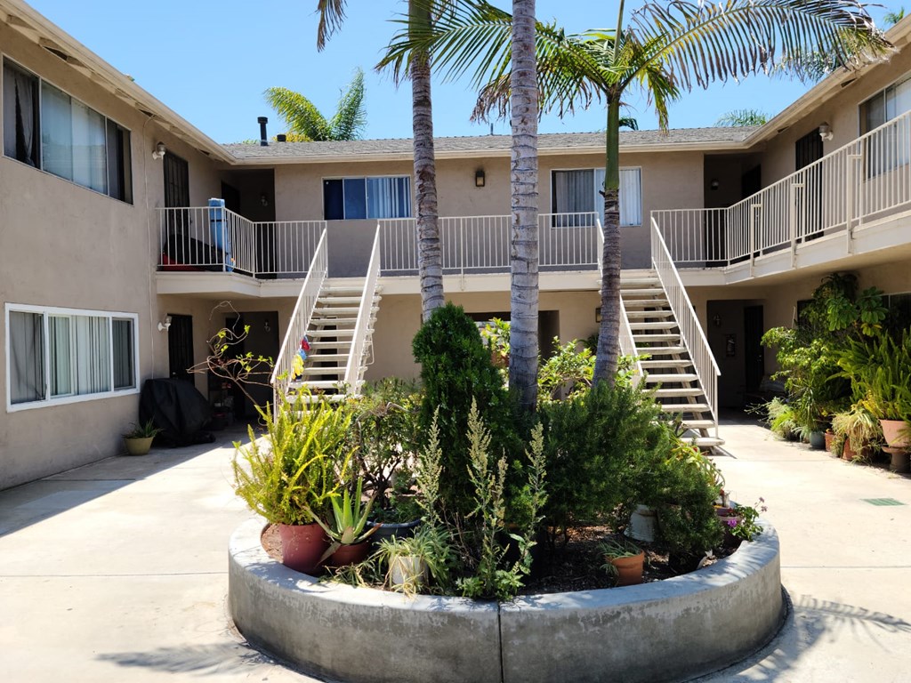 Centerpiece garden in courtyard at Zenith Place Apartments in Chula Vista, California.