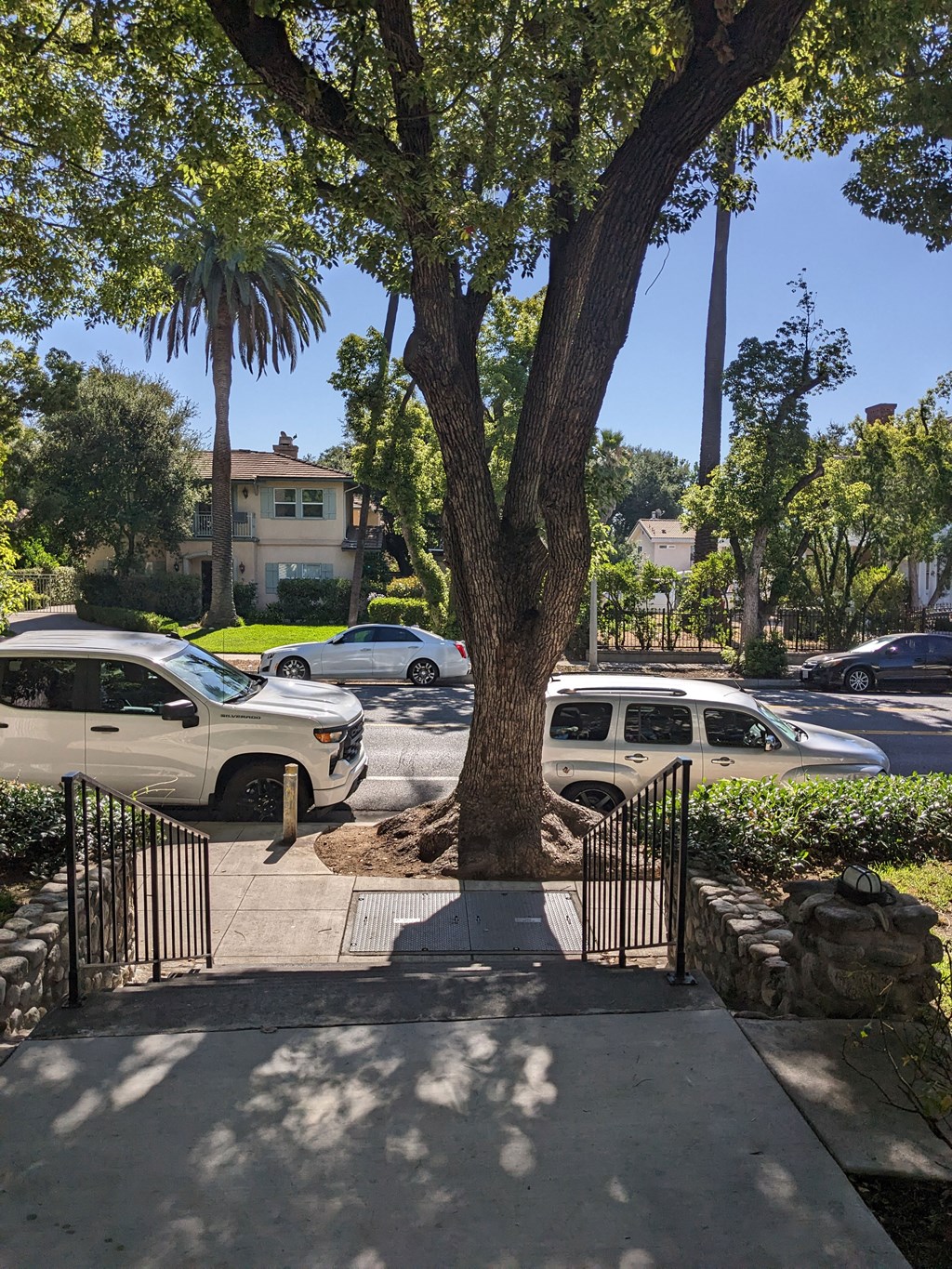 View of street from front gate of Los Robles Apartments in Pasadena, California.