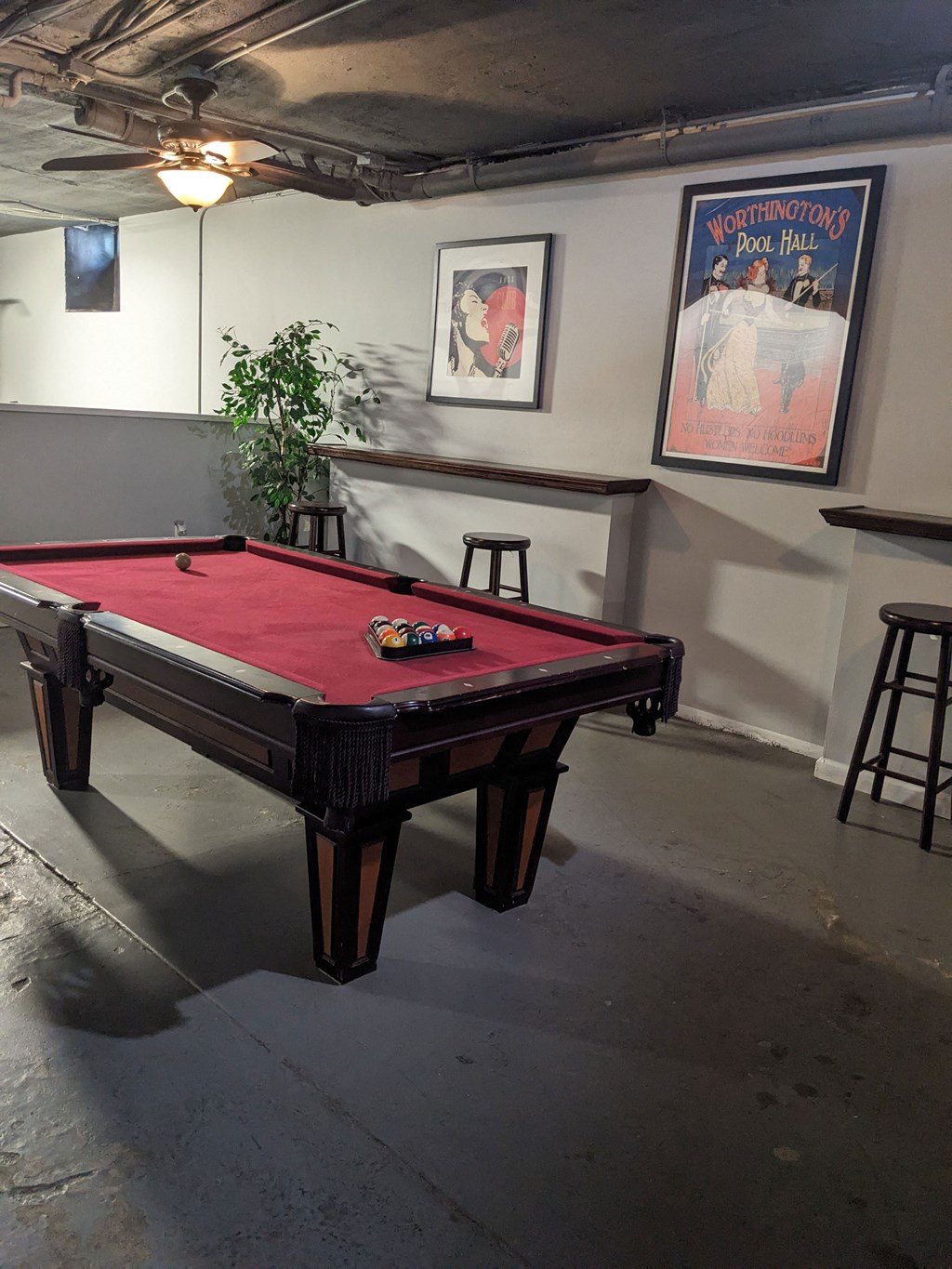 Pool table in the game room at the Molino Del Mar Apartments in Pasadena, California.