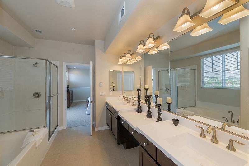 Bathroom in Neptune unit master ensuite at Costa Pointe Luxury Townhomes in Carlsbad, California.