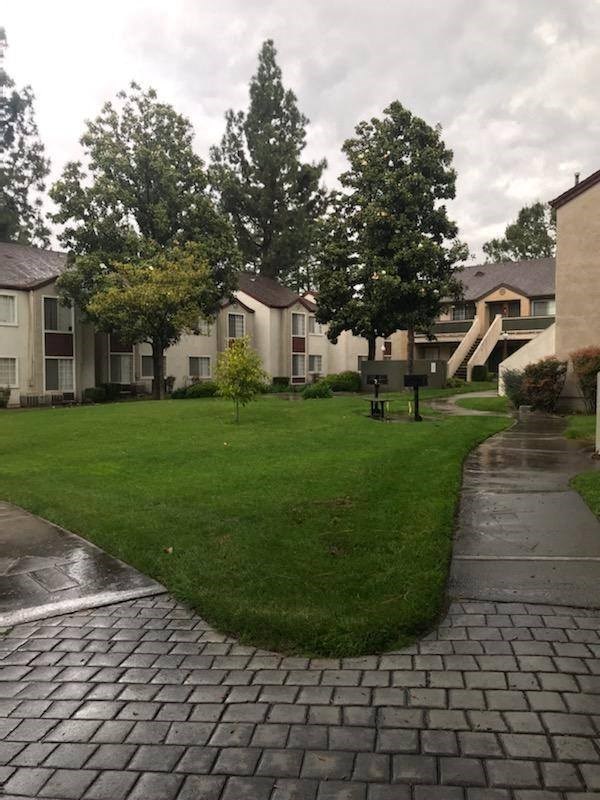 Beautiful green space between buildings at Northwood Apartments in Upland, California.