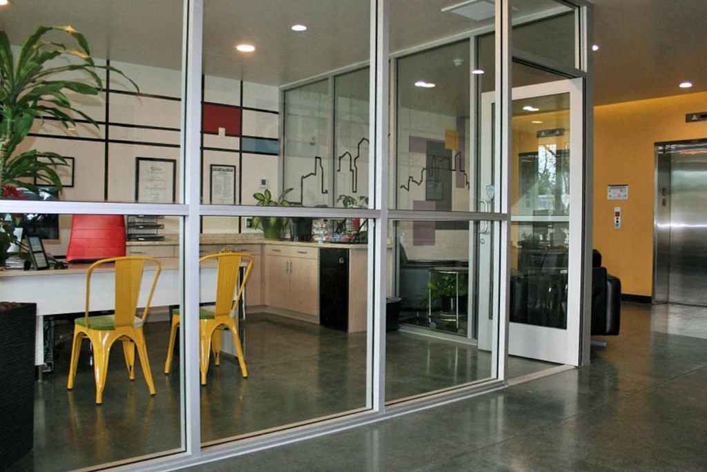 Leasing office in lobby at 12th Street Lofts in National City, California.