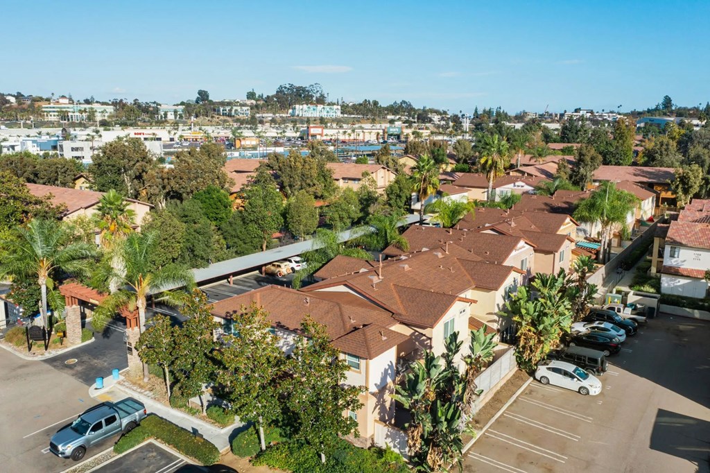 Aerial view of enterance to The Niines Townhomes in Escondido, California.