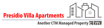 A logo for Presidio Villa Apartments, another CTM managed property.
