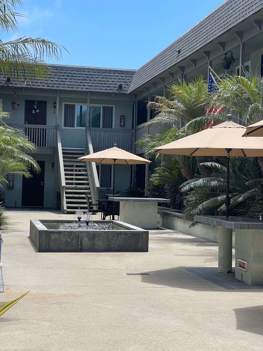 Courtyard fountain at Saint Malo Surf Apartments in Oceanside, California.