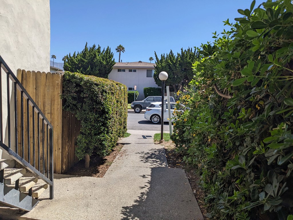 Walkway besides apartment building enterance at the Steckel Apartments in Santa Paula, California.