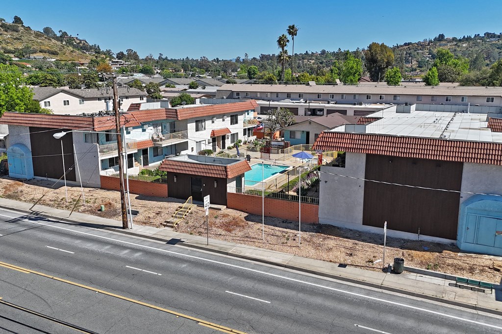 View from above Washington Avenue of The Willows at Washington Apartments in El Cajon, California.