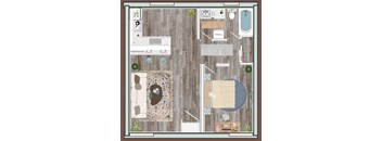 A floor plan of a house with a kitchen, living room, dining area, and bathroom.