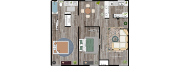 A floor plan of a house with a living room, kitchen, and pantry.