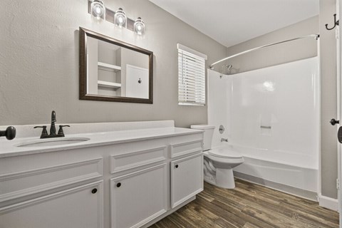 A bathroom with a white sink and a mirror above it.