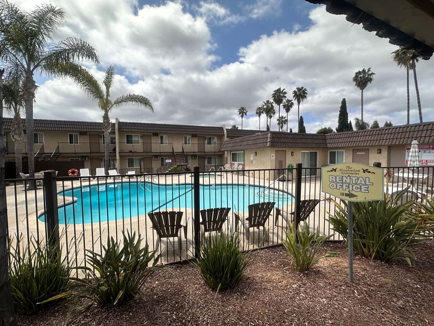 Swimming pool and palm trees at The Meadowlark Apartments in San Marcos. - Photo Gallery