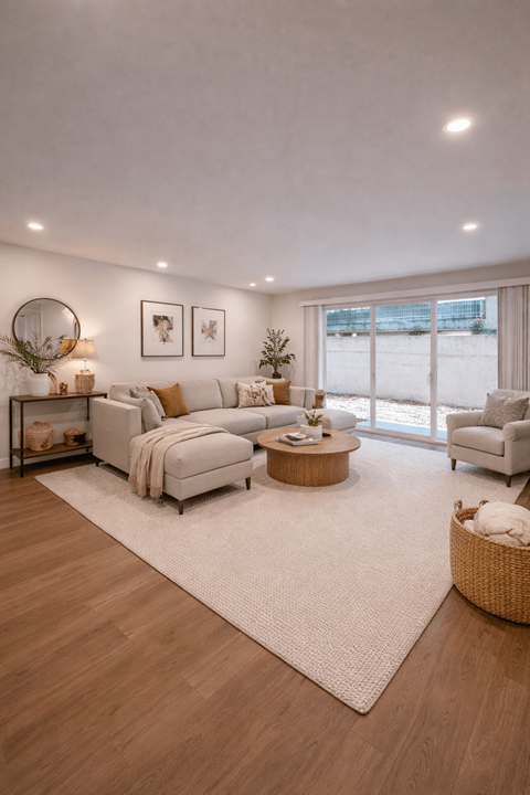 A modern living room with a white sofa set, a wooden coffee table, and a large window.