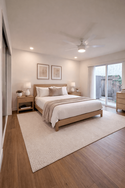 A bedroom with a large bed and a ceiling fan.