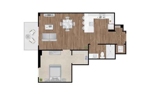 A floor plan of a house with a kitchen, living room, and two bedrooms.