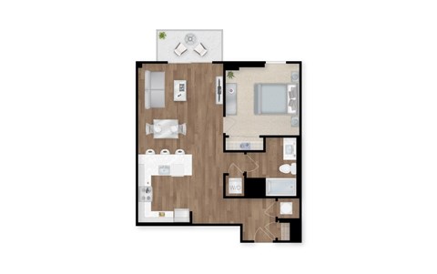 A floor plan of a house with a kitchen, living room, and two bedrooms.