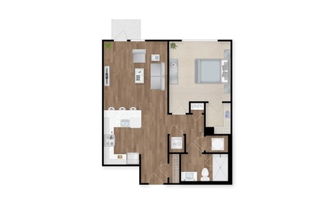 A floor plan of a house with a kitchen, living room, dining room, and two bedrooms.