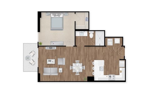 A floor plan of a house with a kitchen, living room, and two bedrooms.