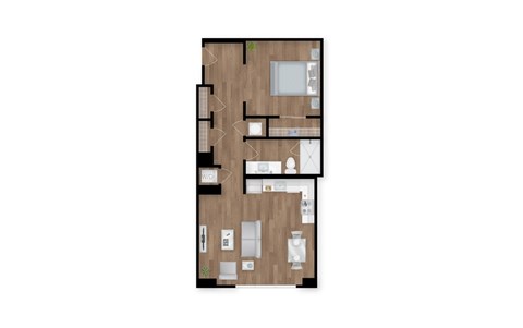 A floor plan of a house with a kitchen, living room, and two bedrooms.