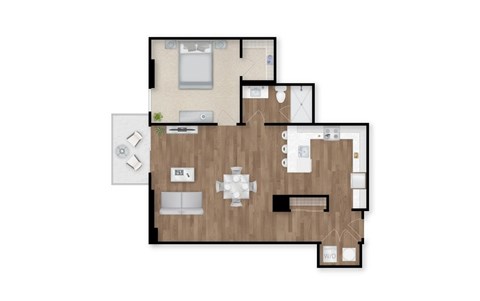 A floor plan of a house with a kitchen, living room, and two bedrooms.