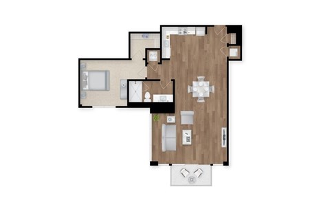 A floor plan of a house with a kitchen, living room, and two bedrooms.
