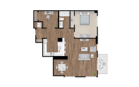 A floor plan of a house with a kitchen, living room, and two bedrooms.