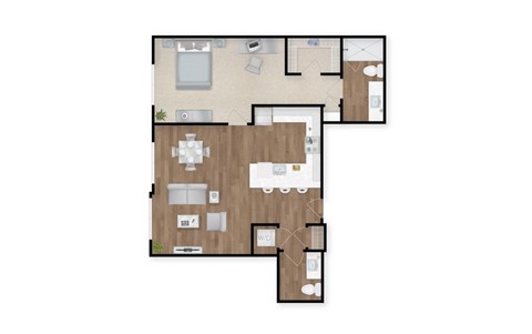 A floor plan of a house with a kitchen, living room, and two bedrooms.