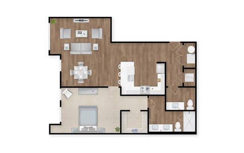 A floor plan of a house with a kitchen, living room, and two bedrooms.