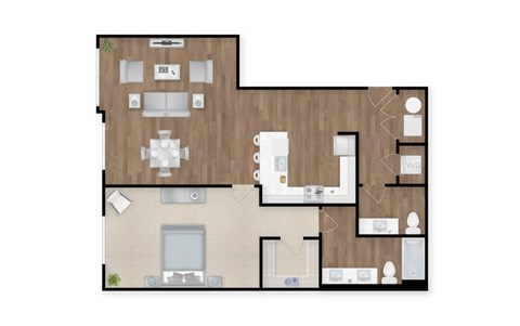 A floor plan of a house with a kitchen, living room, dining room, and two bedrooms.