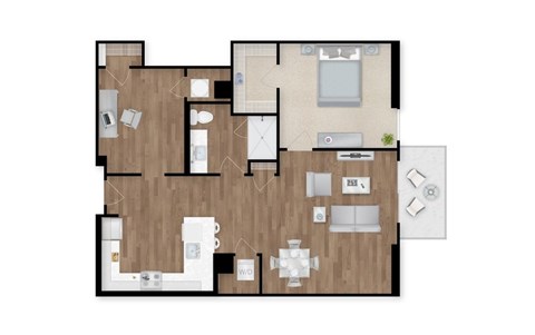 A floor plan of a house with a kitchen, living room, and two bedrooms.
