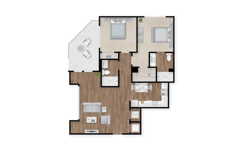 A floor plan of an apartment with a kitchen, living room, and two bedrooms.