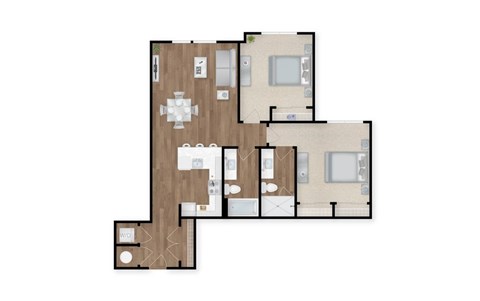 A floor plan of a house with a kitchen, living room, and two bedrooms.