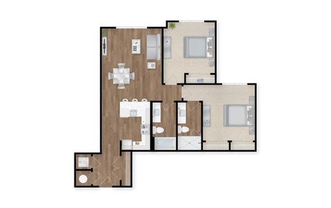 A floor plan of an apartment with a kitchen, living room, and two bedrooms.