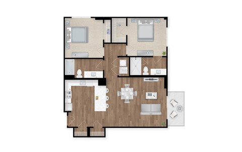A floor plan of a house with a kitchen, living room, and two bedrooms.