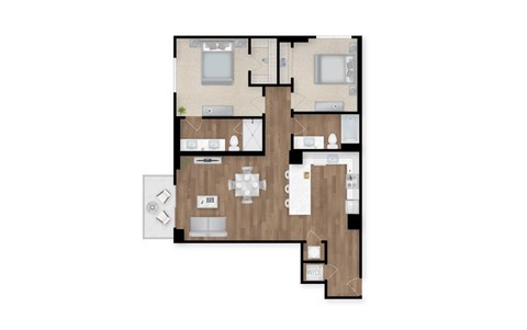 A floor plan of a house with a kitchen, living room, dining room, and two bedrooms.