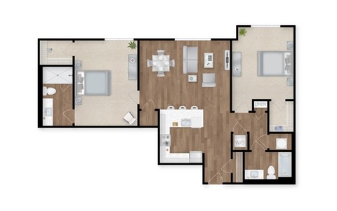 A floor plan of a house with a kitchen, living room, and two bedrooms.